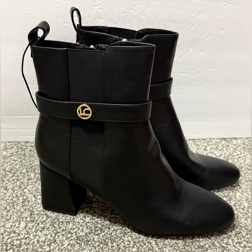 Liz Claiborne Womens 9M Black Heeled Boots with Gold Accents ‘Mister’ NWT